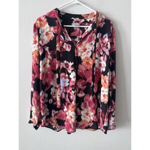Chicos Top Women 3 Multicolor Abstract Floral V Neck Long Sleeve Blouse Tie Neck